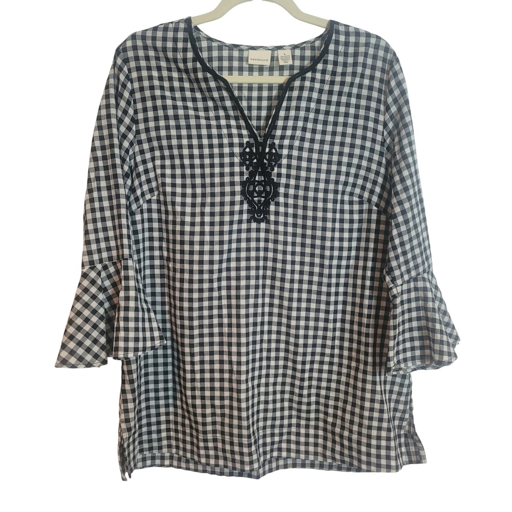 Westbound Womens Gingham Embroidered V-Neck‎ Bell Sleeve Cotton Tunic Top Large